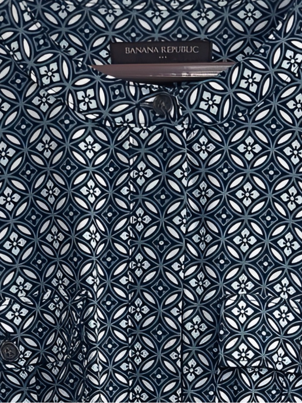 Banana Republic Blue Geometric Safari Shirt Dress Roll Tab Sleeves & Tie Waist 4 - Picture 3 of 13